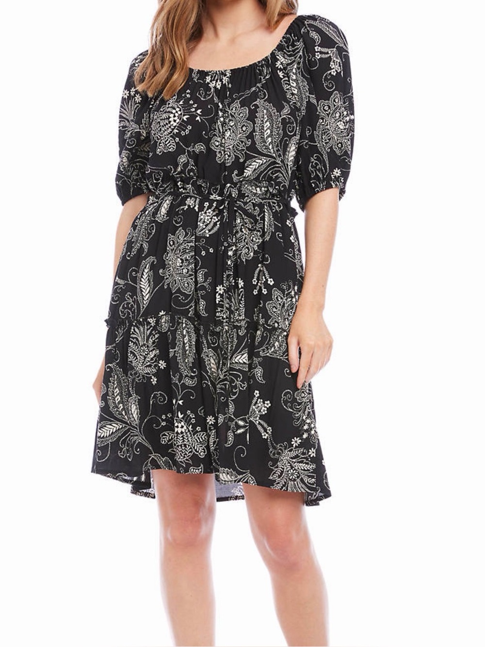 Karen Kane Black Floral Short Sleeve Tie-Waist Tier Dress Sz Large NWT